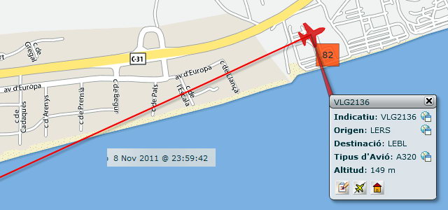 Avi� aproximant-se a l'aeroport de Barcelona-El Prat per aterrar a la tercera pista, en configuraci� est, sobrevolant Gav� Mar dins de l'horari nocturn i amb un elevad�ssim impacte ac�stic (8 Novembre 2011 - 23:59h)